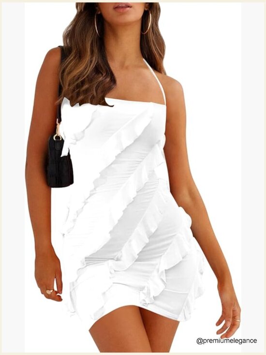 Dresses & Skirts - Sexy Halter Backless Bodycon Mini Dress, Ruffled Cocktail Party Club
